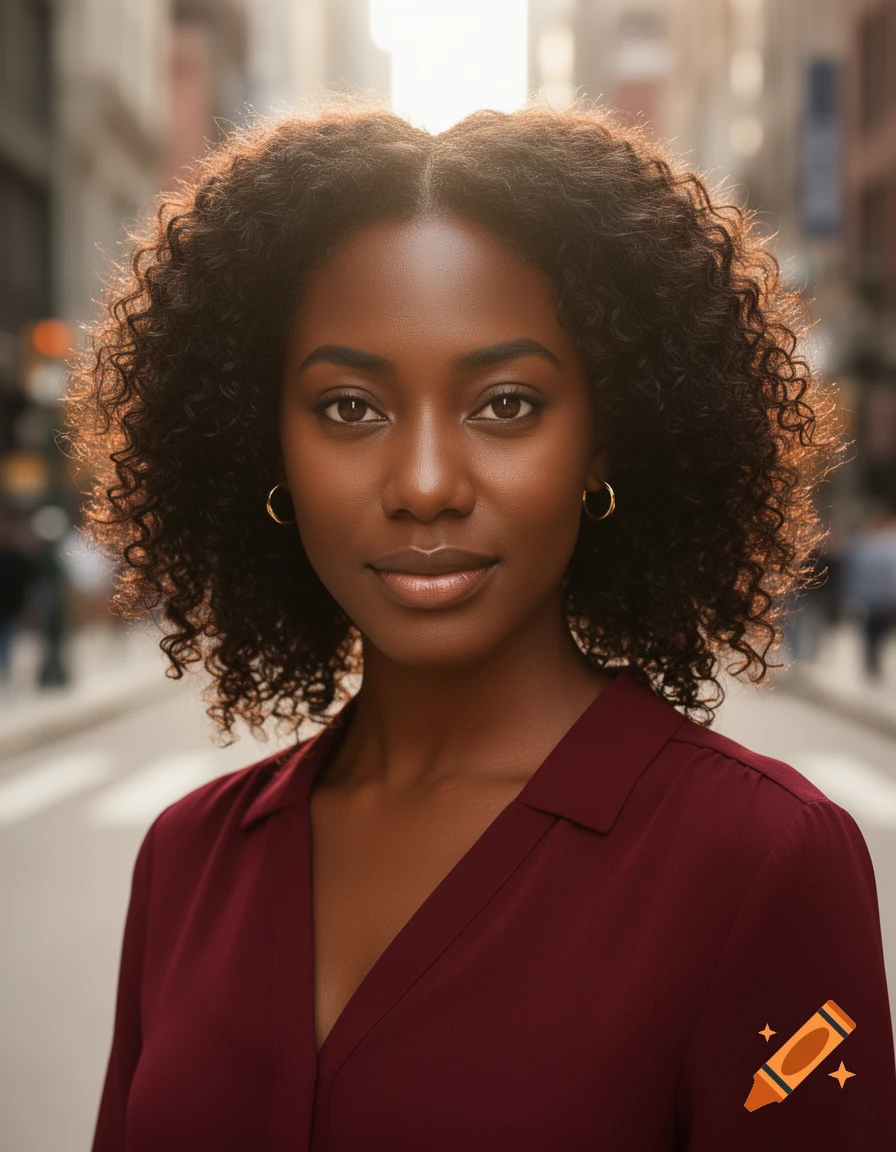 Photorealistic portrait of a young Black woman with curly hair in a maroon shirt, in an urban setting.