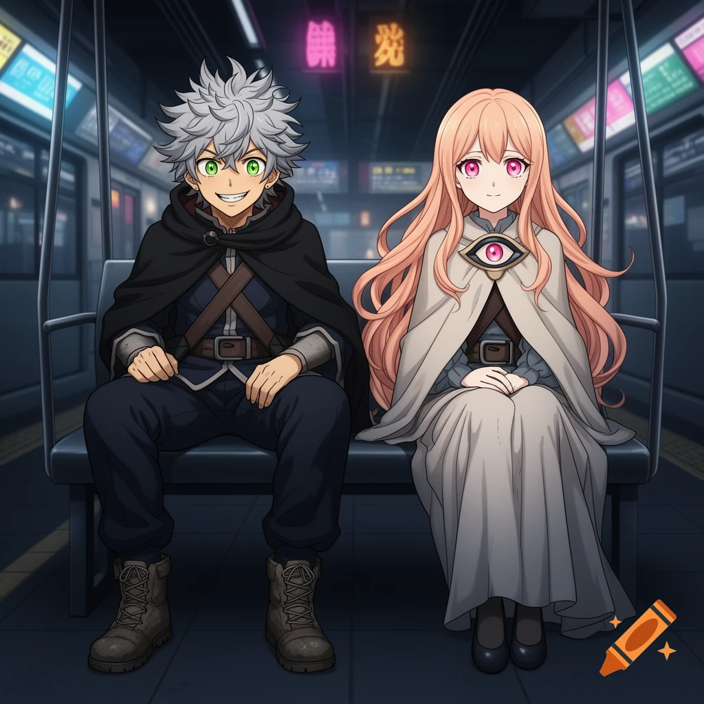 Two anime characters, a boy with grey spiky hair and a girl with long pink hair, sit side-by-side on a metro train at night.