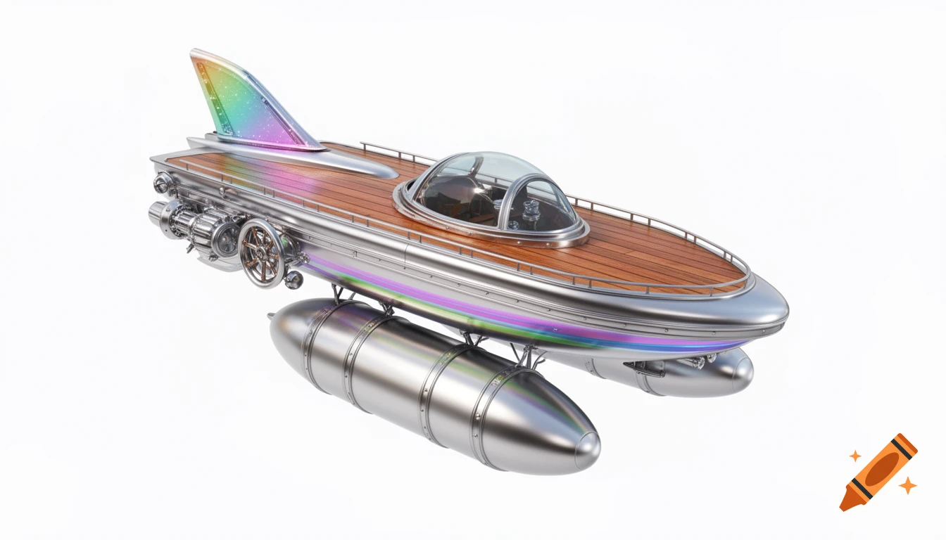 A stylized steampunk flying airship with a wooden deck, chrome hull, iridescent fin, and two pontoon floats, isolated on white.