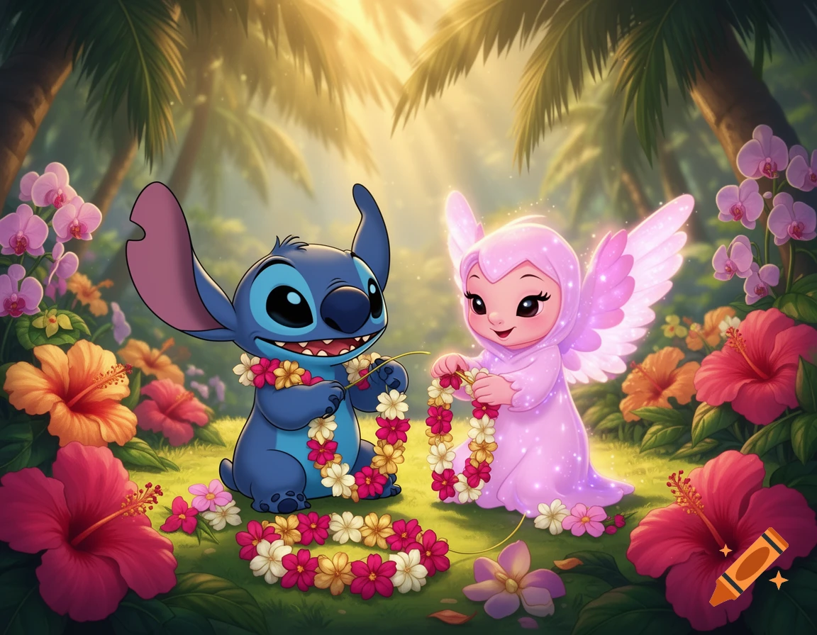 Stitch and a pink fairy-like character making flower leis in a vibrant tropical garden.