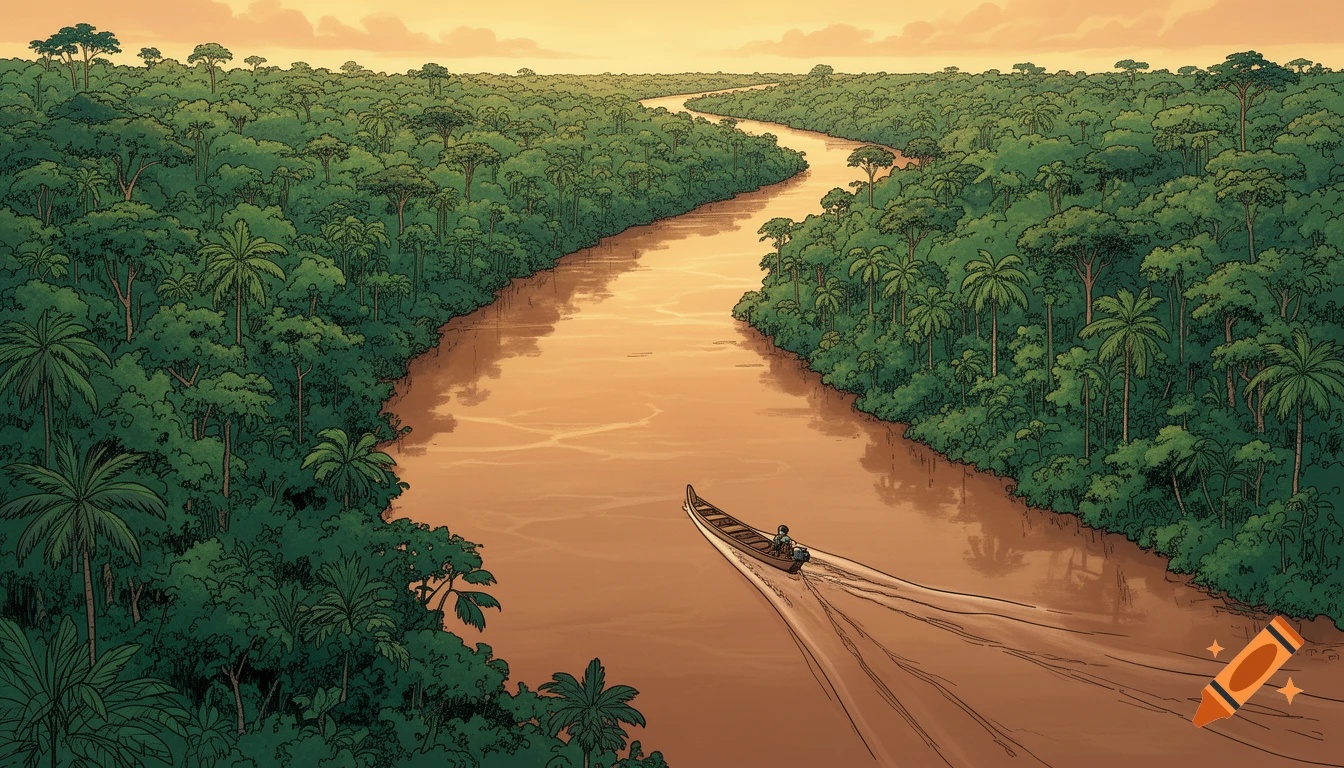 A stylized view of a river winding through a dense, green jungle, with a small motorized boat leaving a wake. The sky is warm and clear.