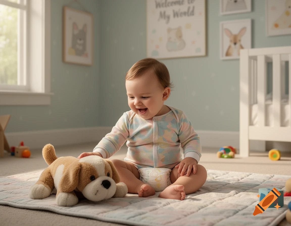 A happy baby sits on a quilted mat, smiling at a plush dog toy in a brightly lit nursery with a crib and wall art.