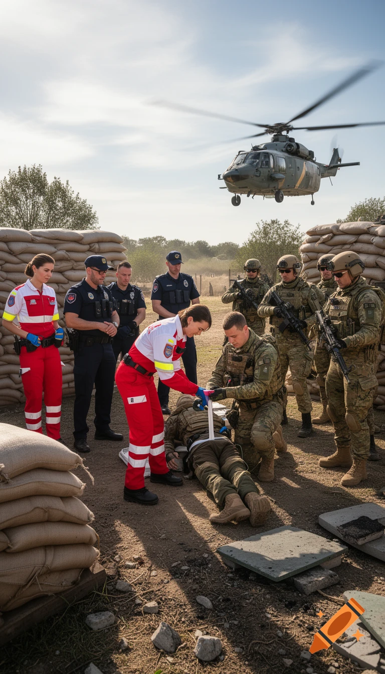 Paramedics, police, and military personnel attend to a person on the ground, practicing tactical medicine, with a helicopter hovering in the background in a photorealistic style.