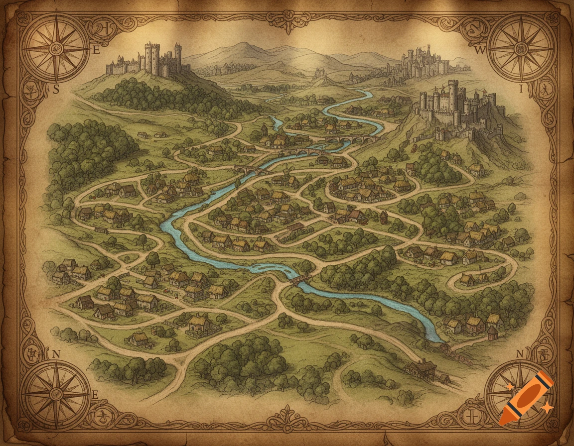 A detailed medieval fantasy map showing a village, winding roads, a river, bridges, and two castles on hills, framed by decorative borders and compass roses.