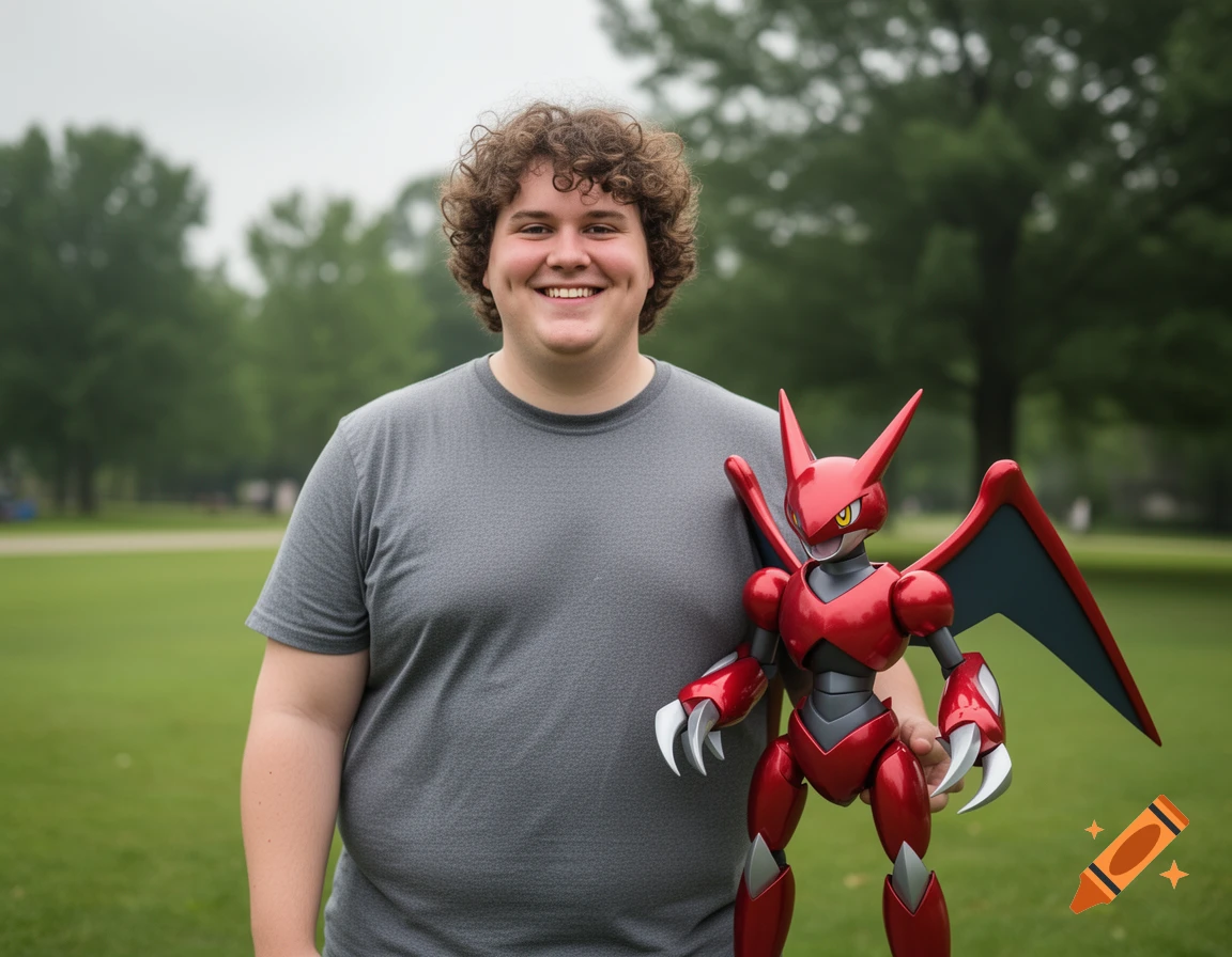 A smiling man with curly brown hair stands next to a red Scizor (Pokemon) figurine in a green park. Photorealistic style.