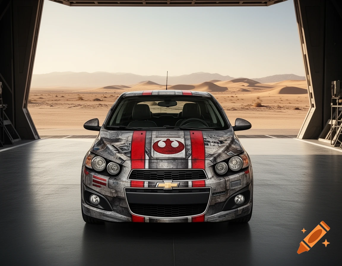 A customized Chevrolet Sonic car with a Star Wars X-Wing design and Rebel Alliance symbol, parked in a desert hangar.
