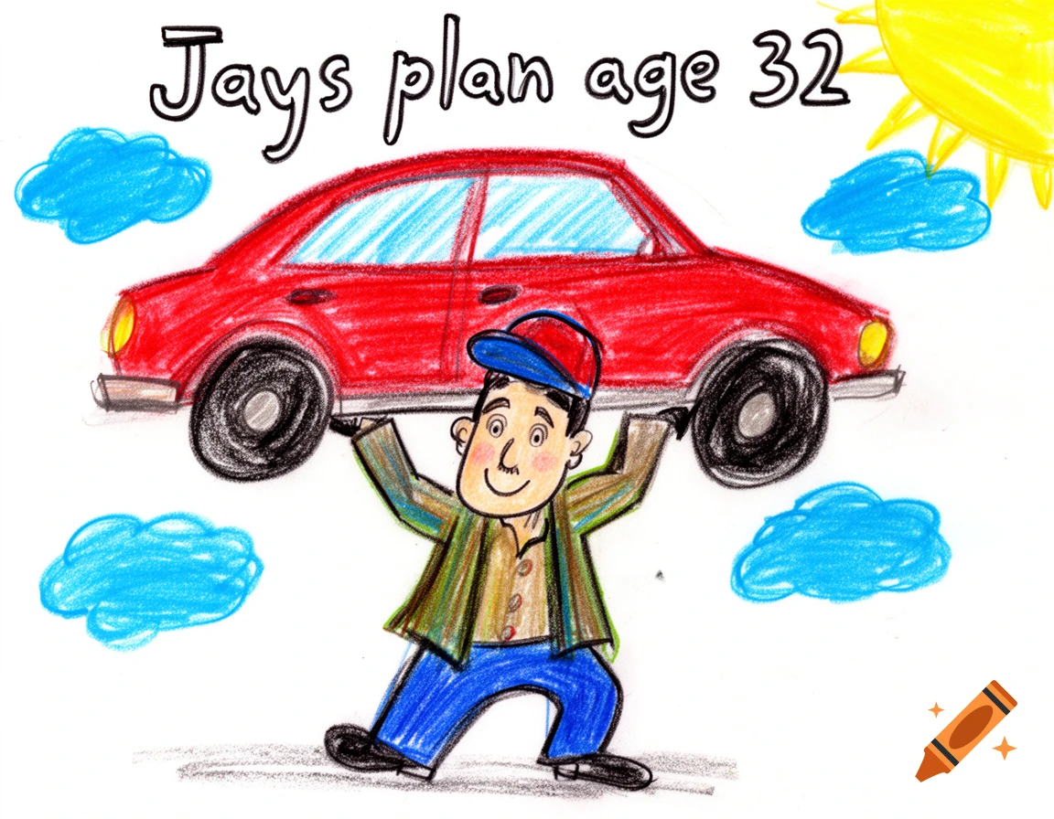 Crayon drawing of a man holding a red car over his head, with 'Jays plan age 32' at the top.