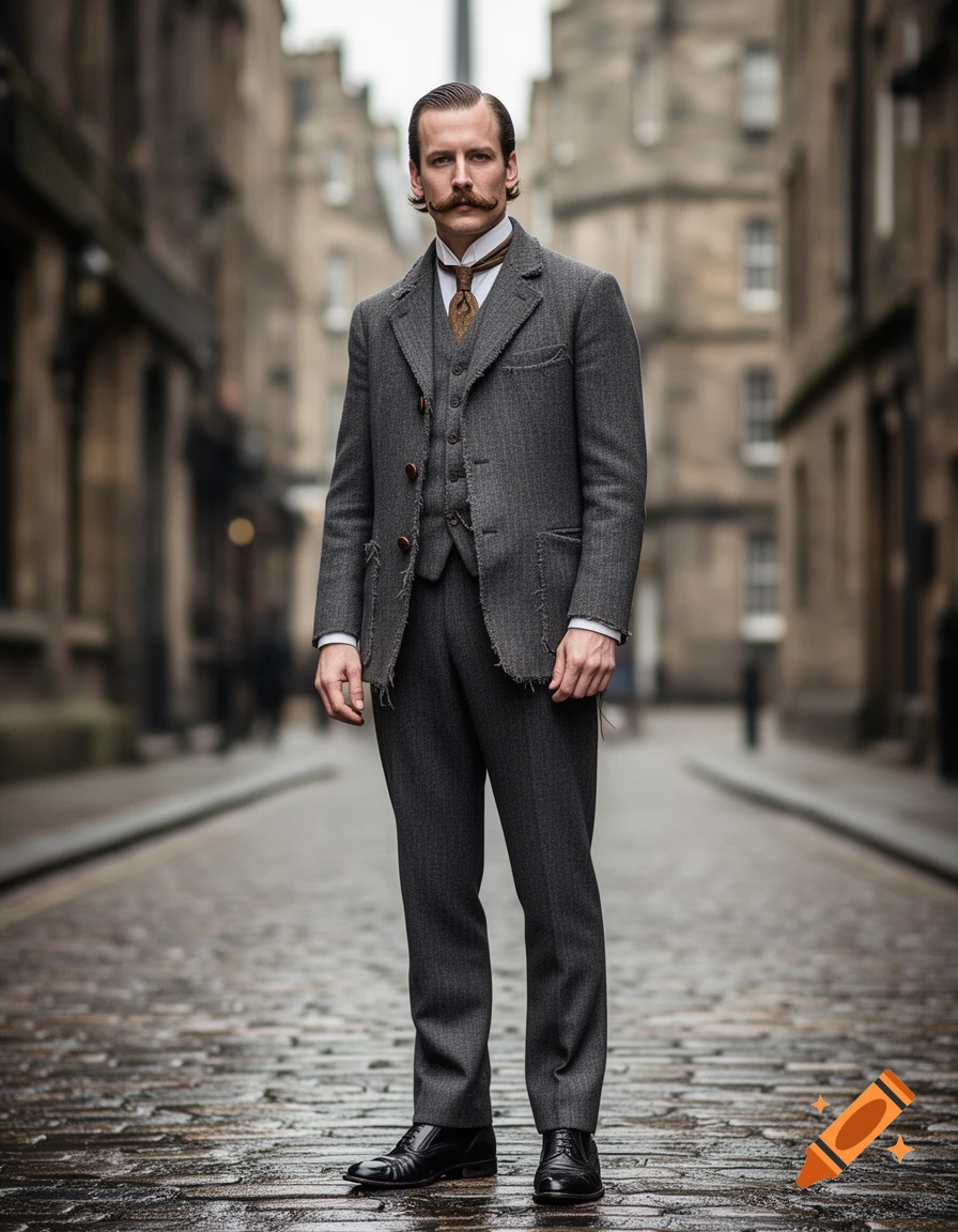 A man in a well-worn 1900s suit with a mustache stands on a wet cobblestone street in Edinburgh.