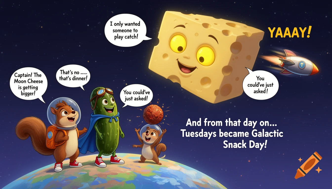 A cartoon squirrel and pickle in space suits stand on Earth, looking at a giant smiling cheese moon. Other characters play catch with a meatball, with text saying it's "Galactic Snack Day".