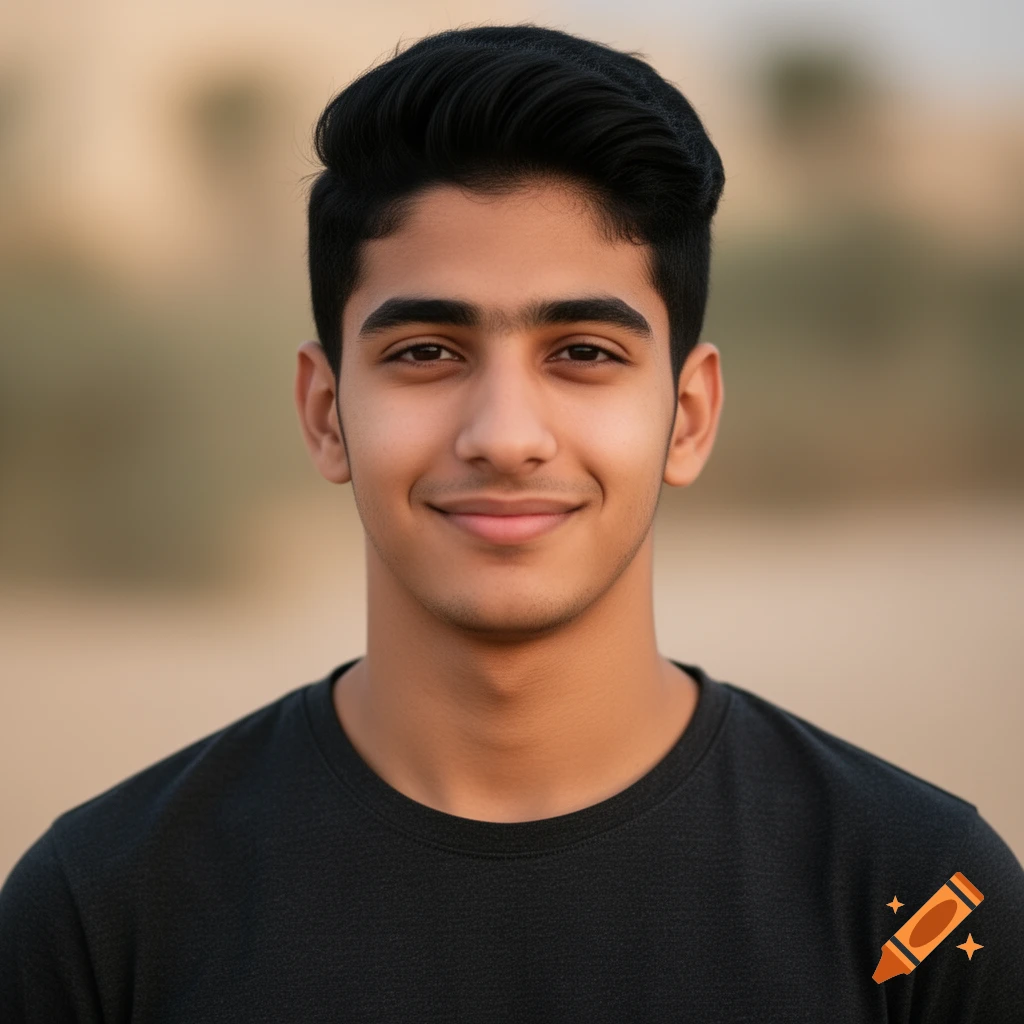 A headshot portrait of a smiling young man with dark hair in a black t-shirt, against a blurred outdoor background.
