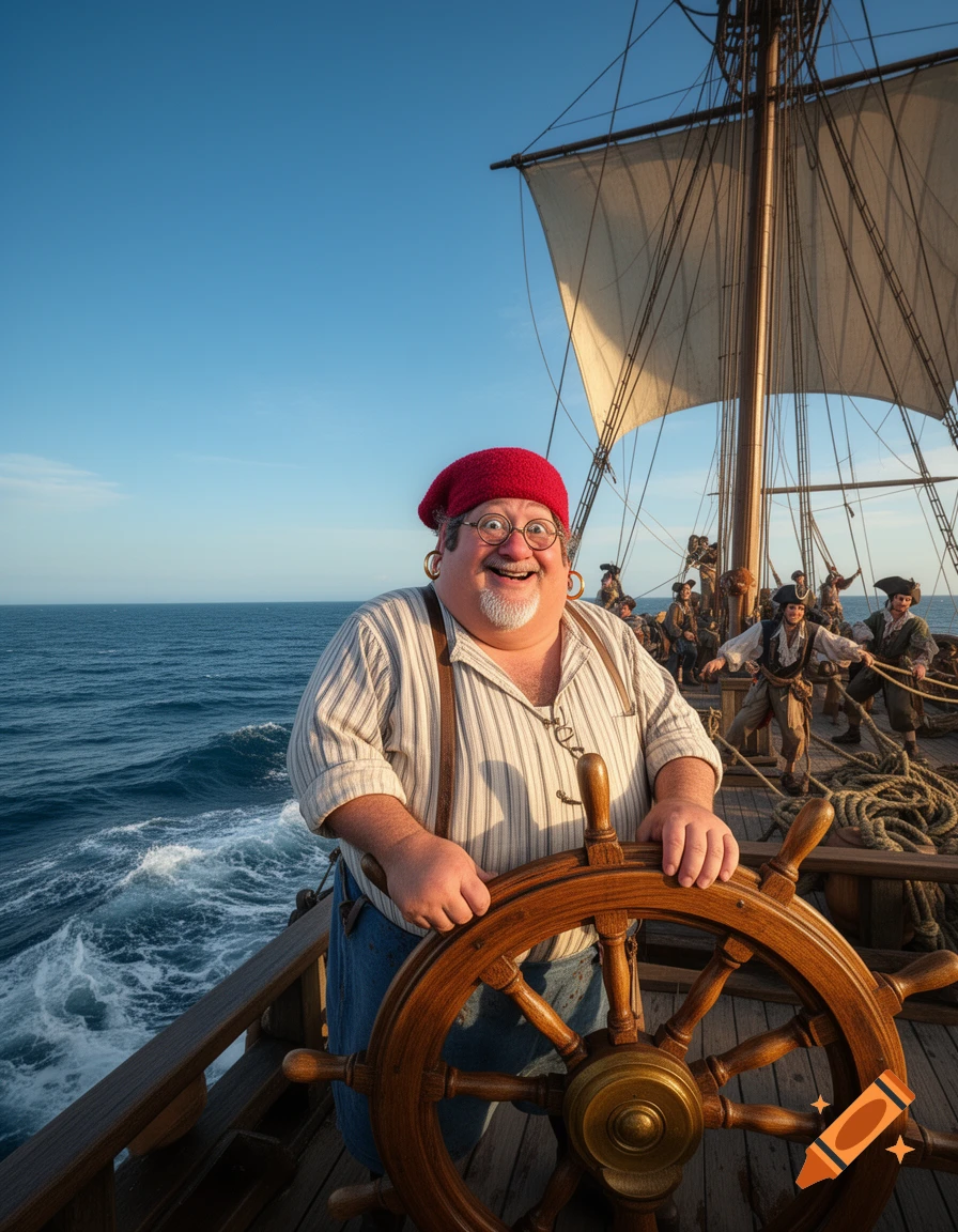 A smiling, rotund man in a red cap and striped shirt steers a pirate ship at sea, with other pirates in the background.