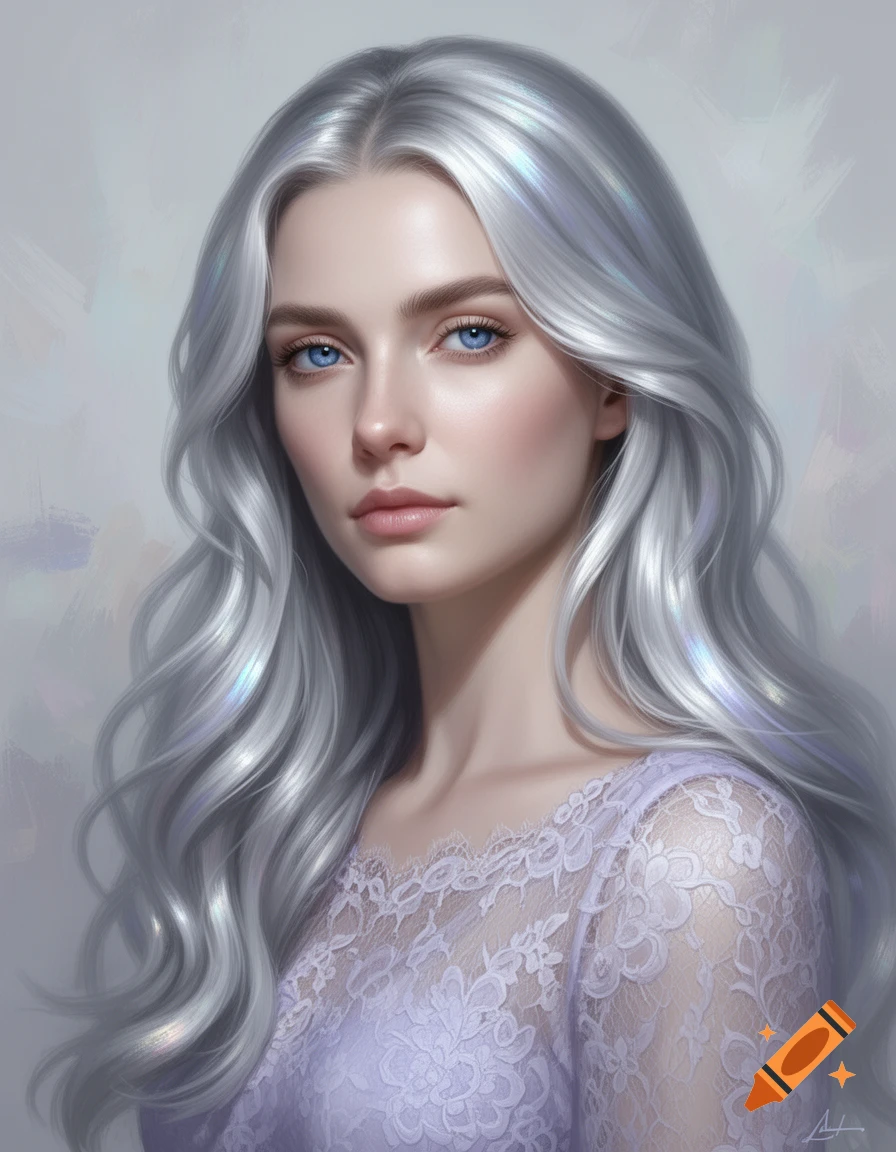 Digital portrait of a woman with long, wavy silver hair and bright blue eyes, wearing a light purple lace dress.