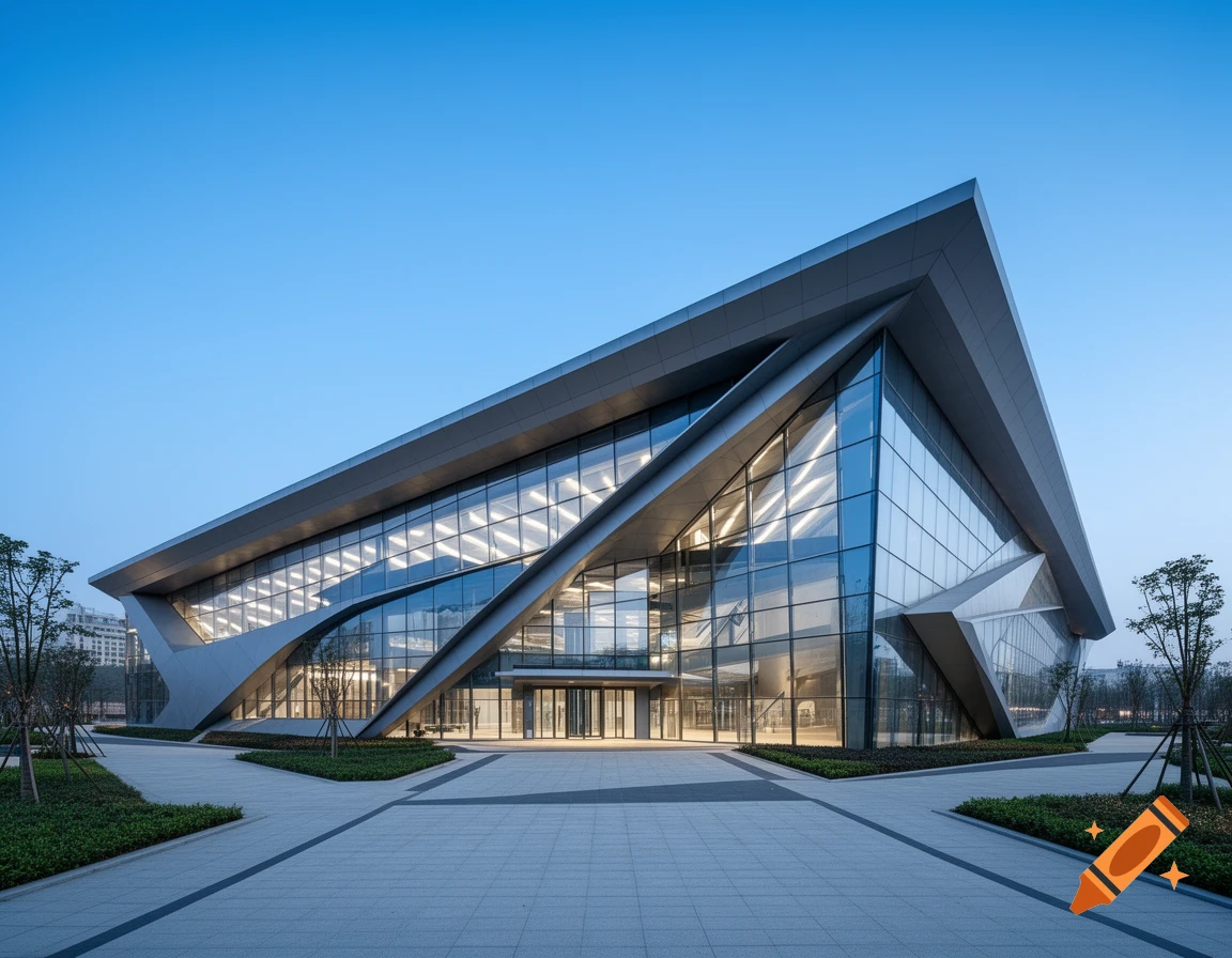 A striking modern building with a geometrically angled grey facade and extensive glass windows, set against a clear blue sky.