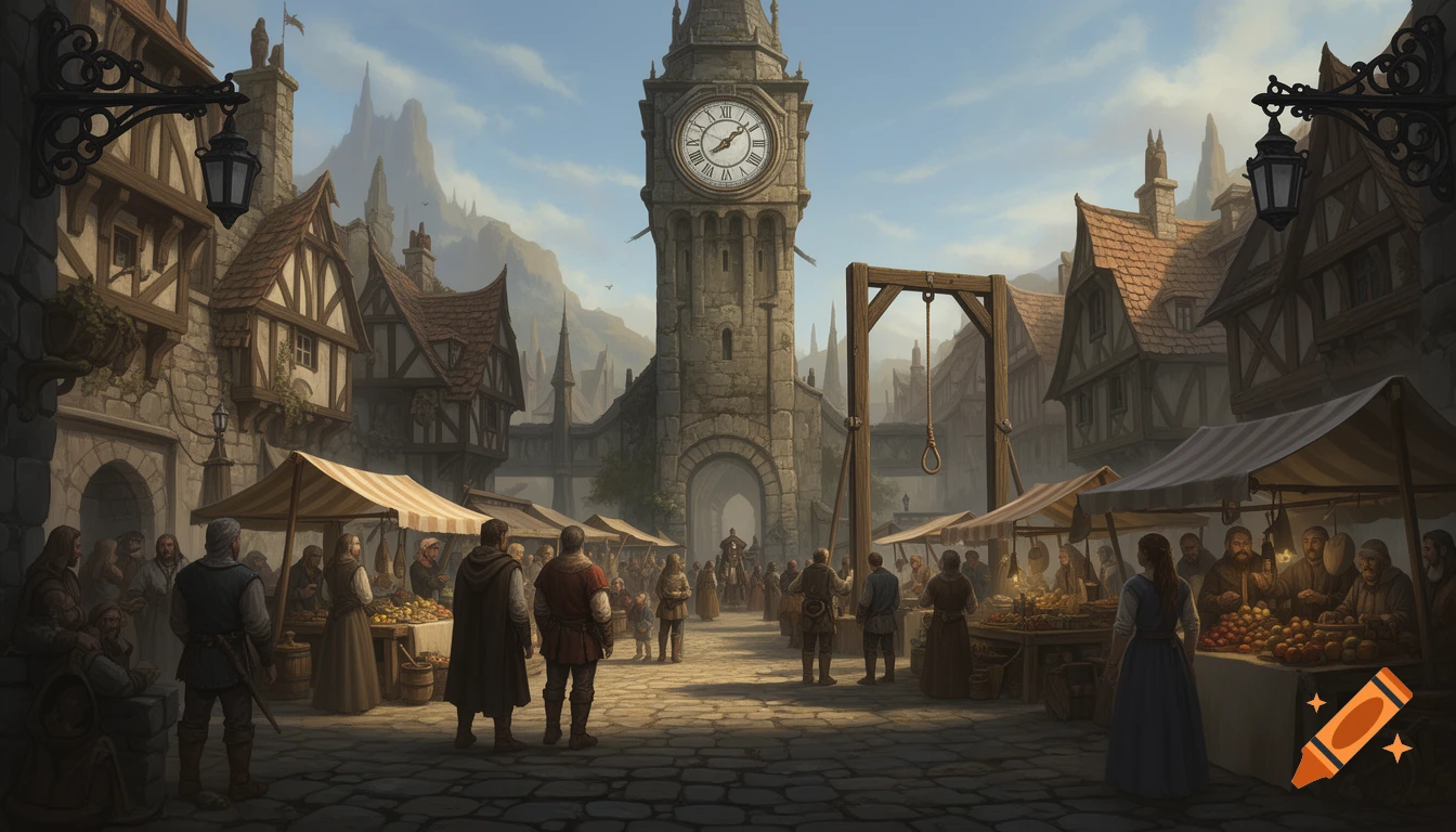 A highly detailed digital painting of a bustling medieval fantasy market square with a tall stone clock tower and an empty gallows, under a bright sky.