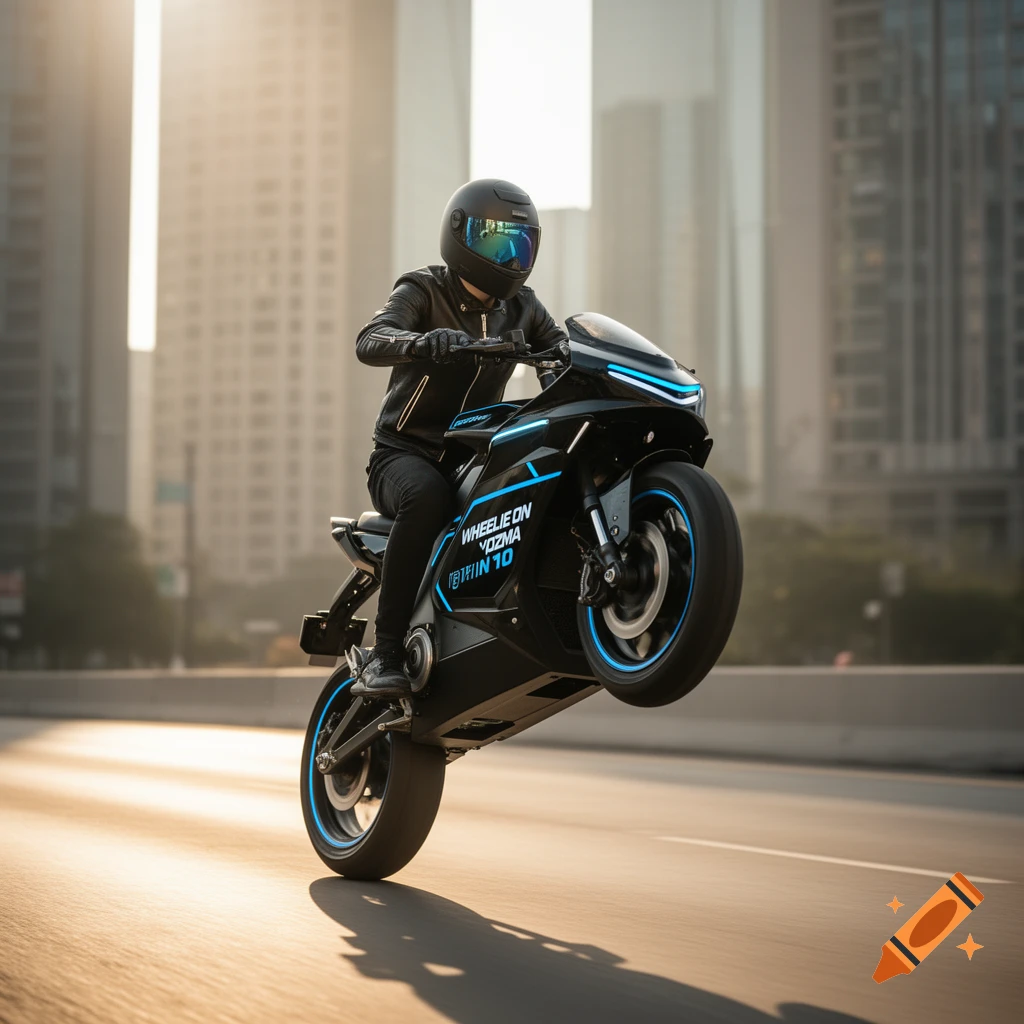 A rider on a black electric motorcycle with blue accents performs a wheelie on a city street at sunset, with tall buildings in the background.