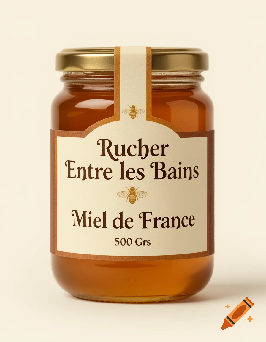 A photorealistic image of a honey jar with a label reading "Rucher Entre les Bains Miel de France 500 Grs" and bee illustrations.