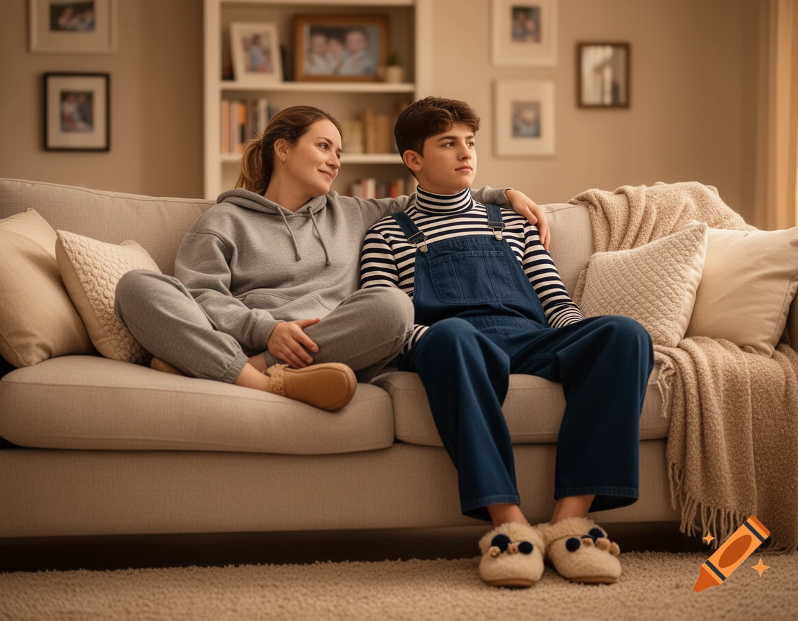 A mother and her teenage son relax on a couch in a living room, both wearing casual clothes and house shoes.