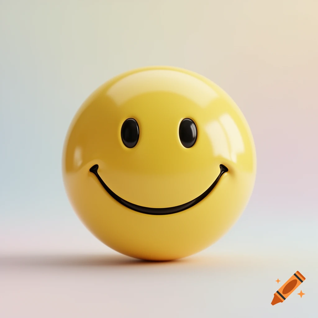 A shiny yellow 3D smiley face with black eyes and a smile on a soft gradient background.