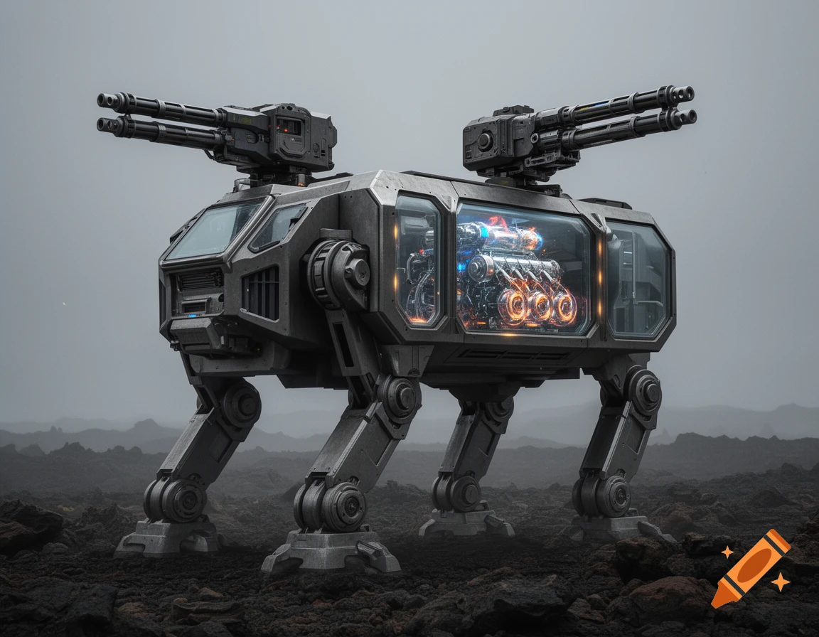 A powerful futuristic quad walker with twin heavy machine guns, glowing engine visible through side panels, on dark, rocky terrain.