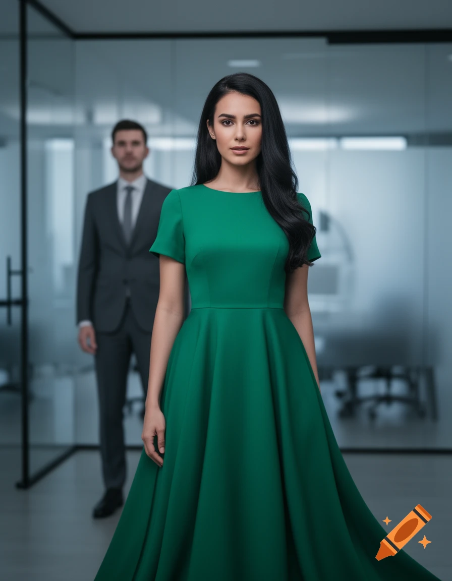 A confident woman in a flowing green dress stands in an office, a blurred man in a suit behind her.
