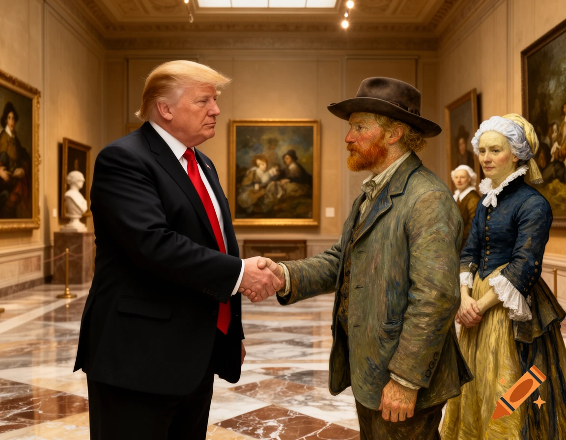 Donald Trump in a suit shakes hands with Vincent van Gogh in an art gallery as Rembrandt and Vermeer watch, photorealistic style.