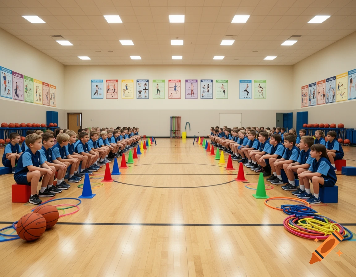 Children sit in rows on a gym floor, lined by colorful cones and surrounded by sports equipment, in a brightly lit indoor space.