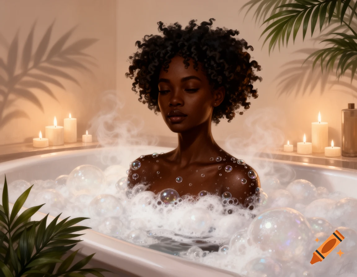 A stylized portrait of a Black woman with natural hair relaxing in a candlelit bubble bath with plants.