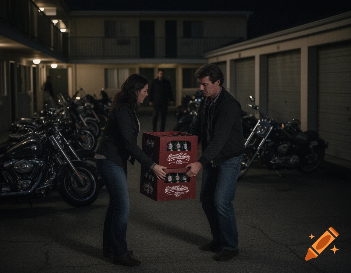 A man and woman carry two stacked crates of bottled beverages through a dimly lit motel and garage courtyard filled with motorcycles at night.