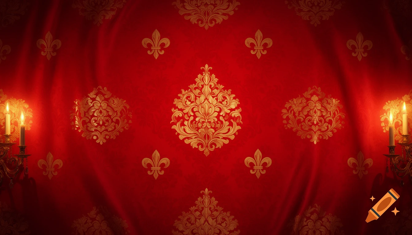 Rich red wallpaper with gold baroque patterns, illuminated by two ornate candelabras with lit candles.