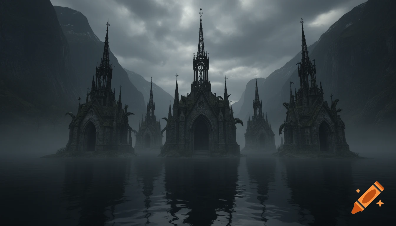 Dark gothic chapels emerge from a misty fjord, reflecting in still water under a cloudy, ominous sky with mountains.