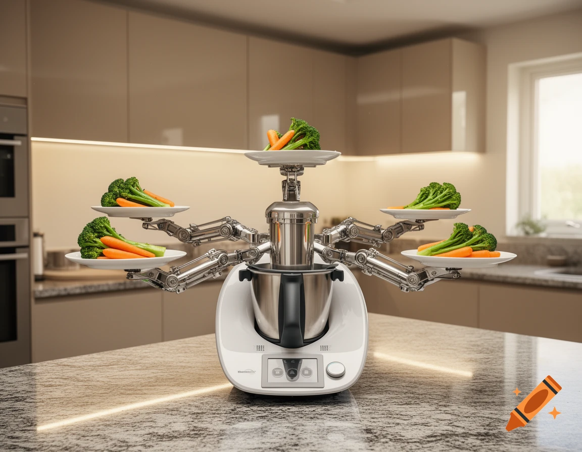 A photorealistic robotic cooking appliance with five mechanical arms holding plates of broccoli and carrots in a modern kitchen.