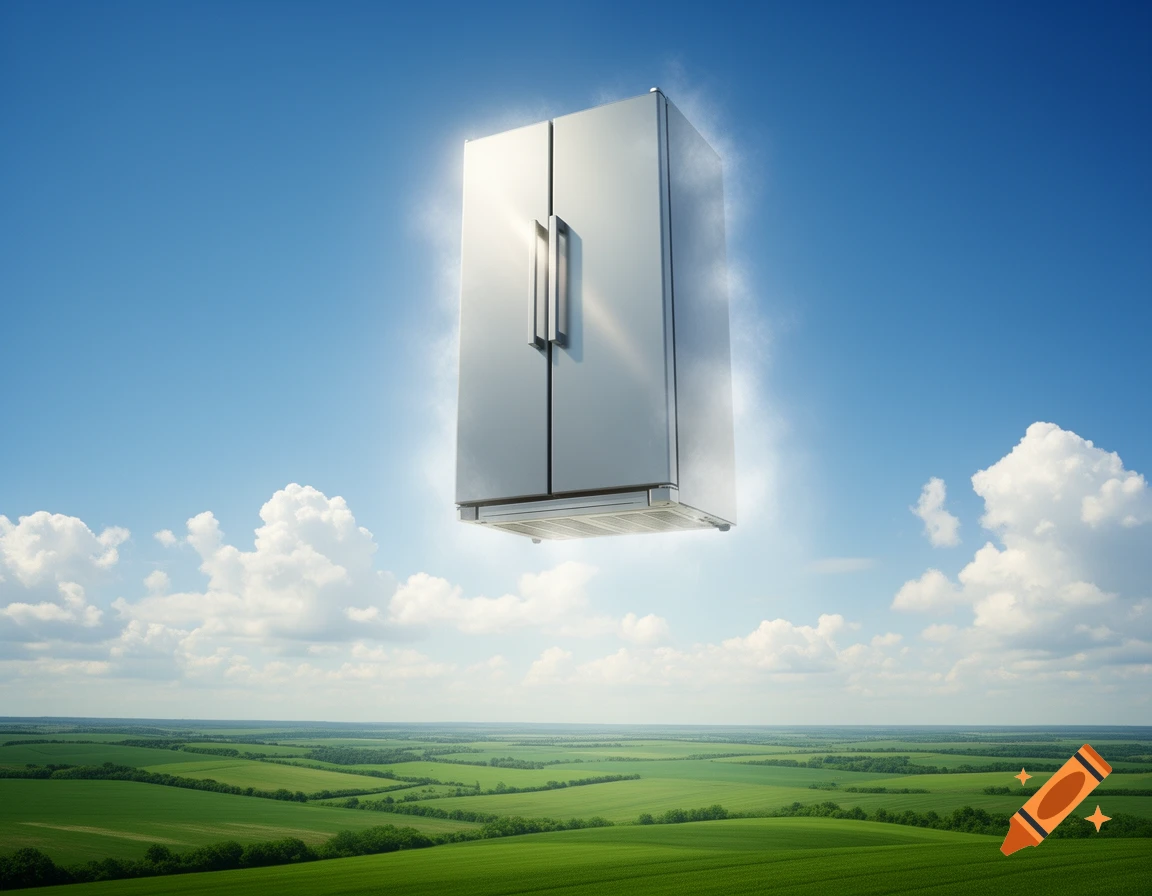 A large, modern, stainless steel refrigerator floats and glows in a bright blue sky above a vast green landscape with white clouds.