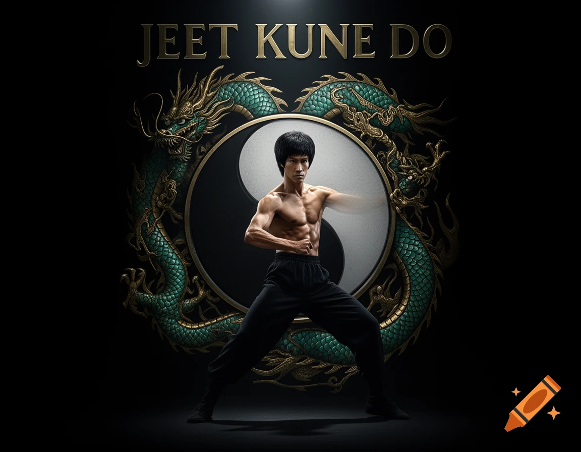 Bruce Lee in a martial arts stance against a yin-yang symbol flanked by green dragons and 'JEET KUNE DO' text on a black background.