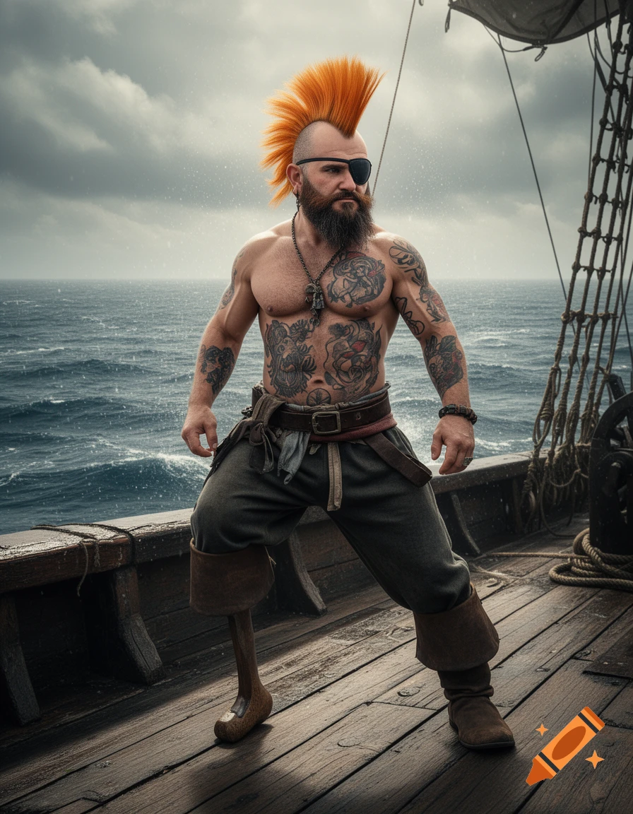 A muscular, tattooed pirate with an orange mohawk, beard, eyepatch, and peg leg stands on a ship deck.