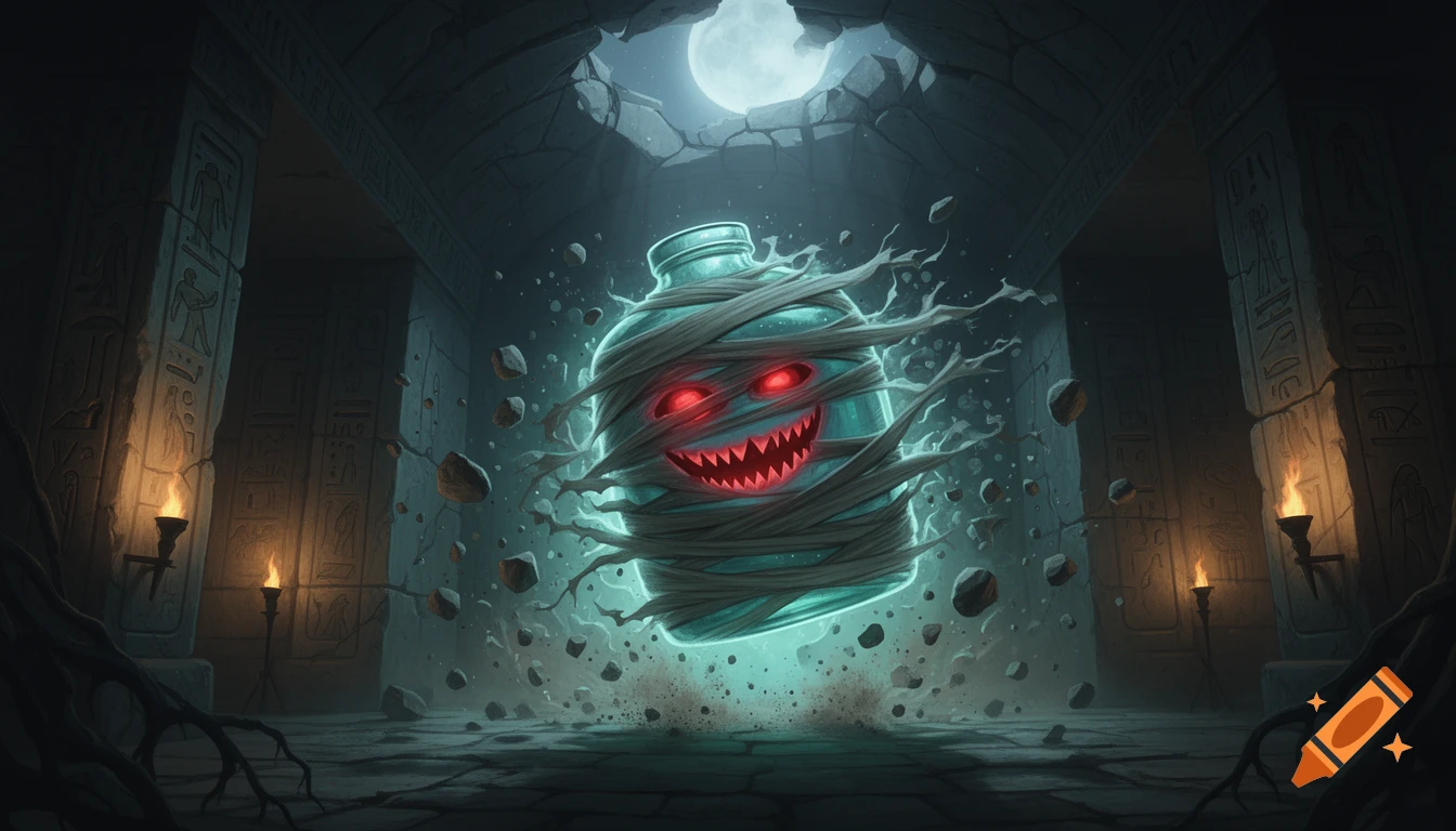 A glowing, bandaged monster with red eyes and a sharp-toothed grin bursts through a moonlit ancient tomb, surrounded by debris.