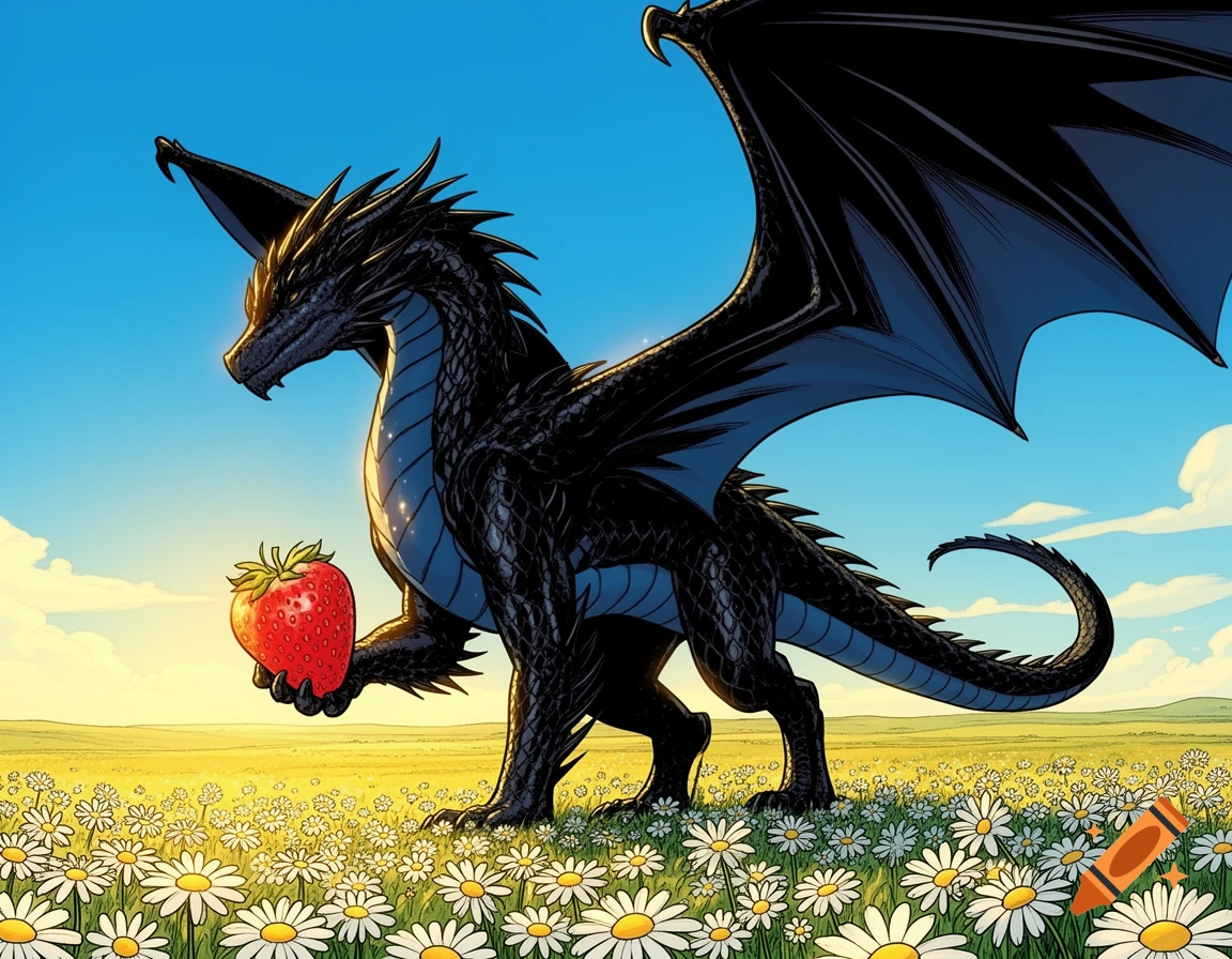 Black dragon with navy blue underscales holds a strawberry in a sunny daisy field, comic graphic novel art style.