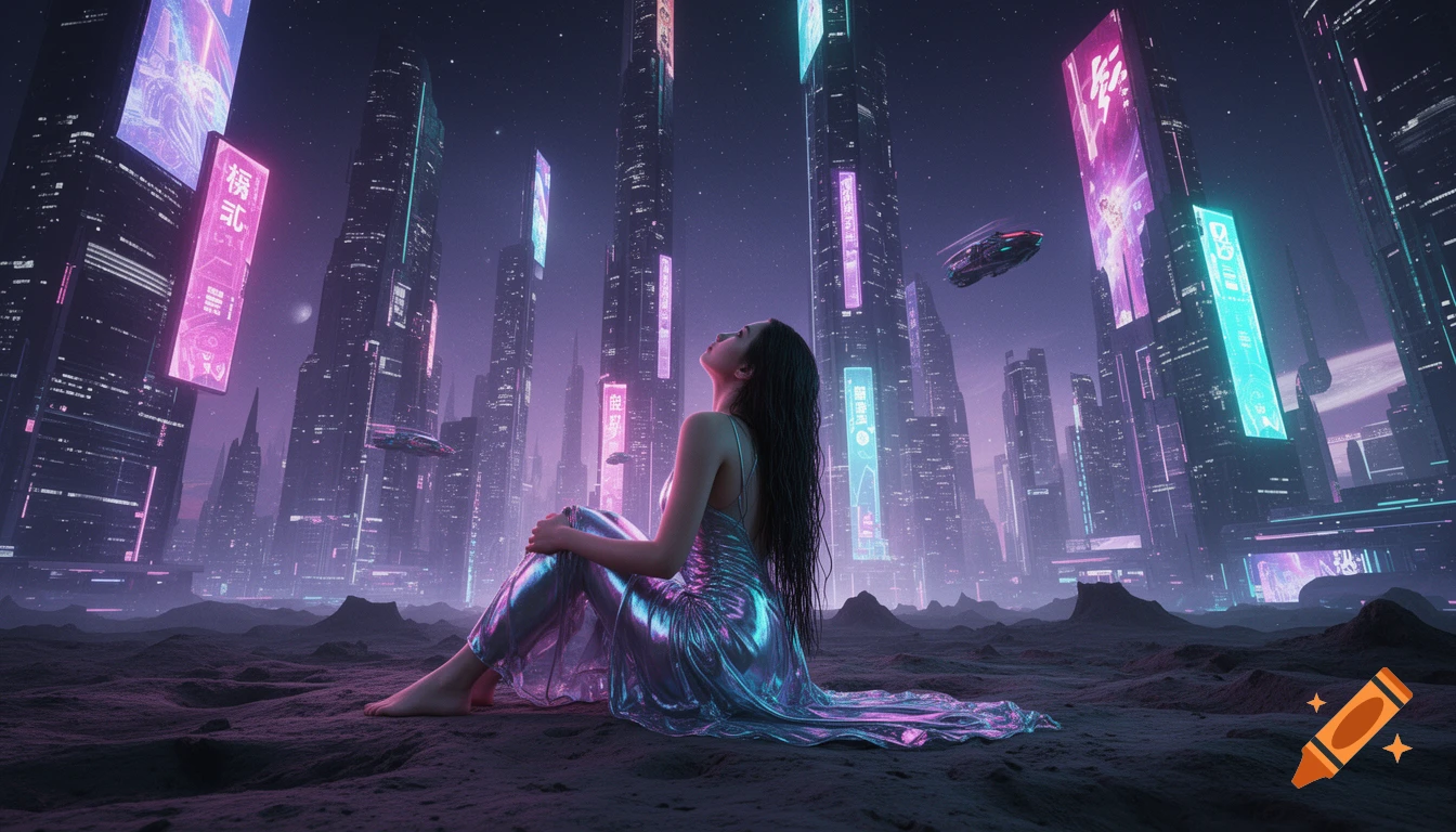 A woman in a shimmering dress sits barefoot on a barren surface, looking up at a futuristic cyberpunk city with neon skyscrapers and flying vehicles.