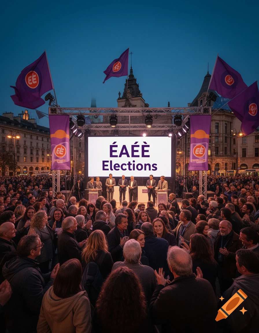 A large crowd gathered at dusk for a political rally, with speakers on a stage, a large screen displaying "ÉÀÉÈ Elections", and purple flags with logos.