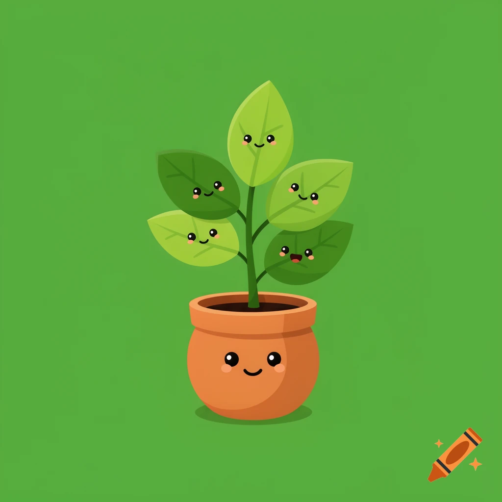 A cute, cartoon-style potted plant with smiling leaves and a smiling pot, centered on a bright green background.