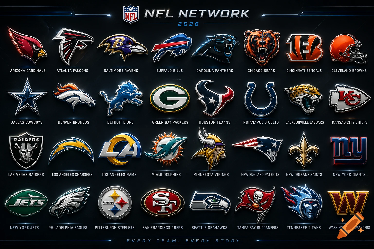 A dark background displays the 32 NFL team logos for 2026, with a modern, metallic 3D effect, labeled with team names.