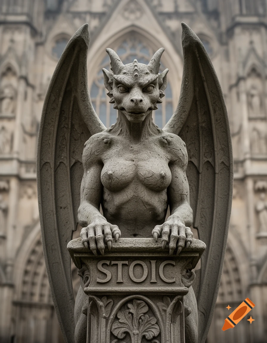 Photorealistic stone statue of a female gargoyle with spread wings gripping a podium that says STOIC, against a gothic cathedral background.