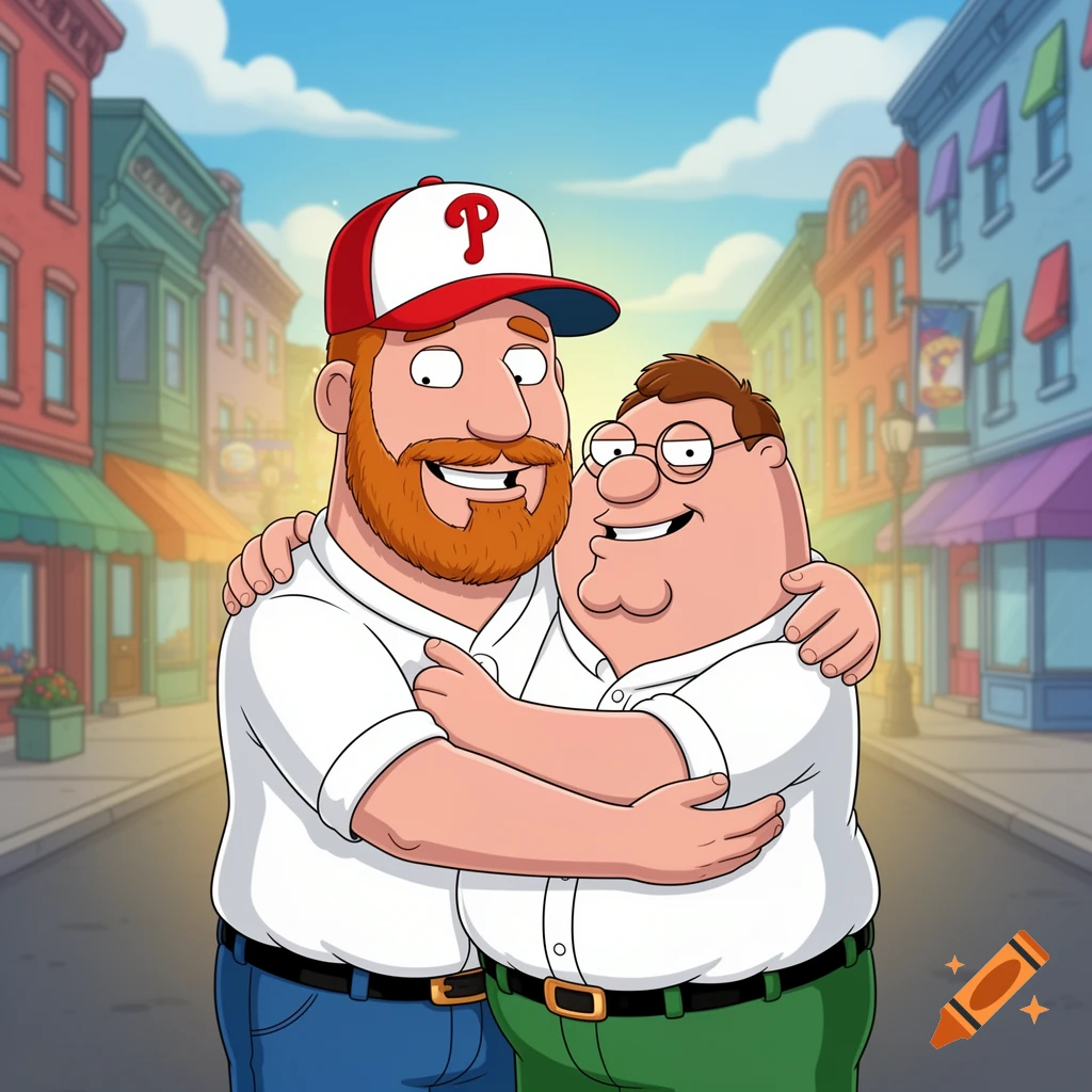 A man with a ginger beard and a Phillies hat hugging Peter Griffin in a cartoon street scene.