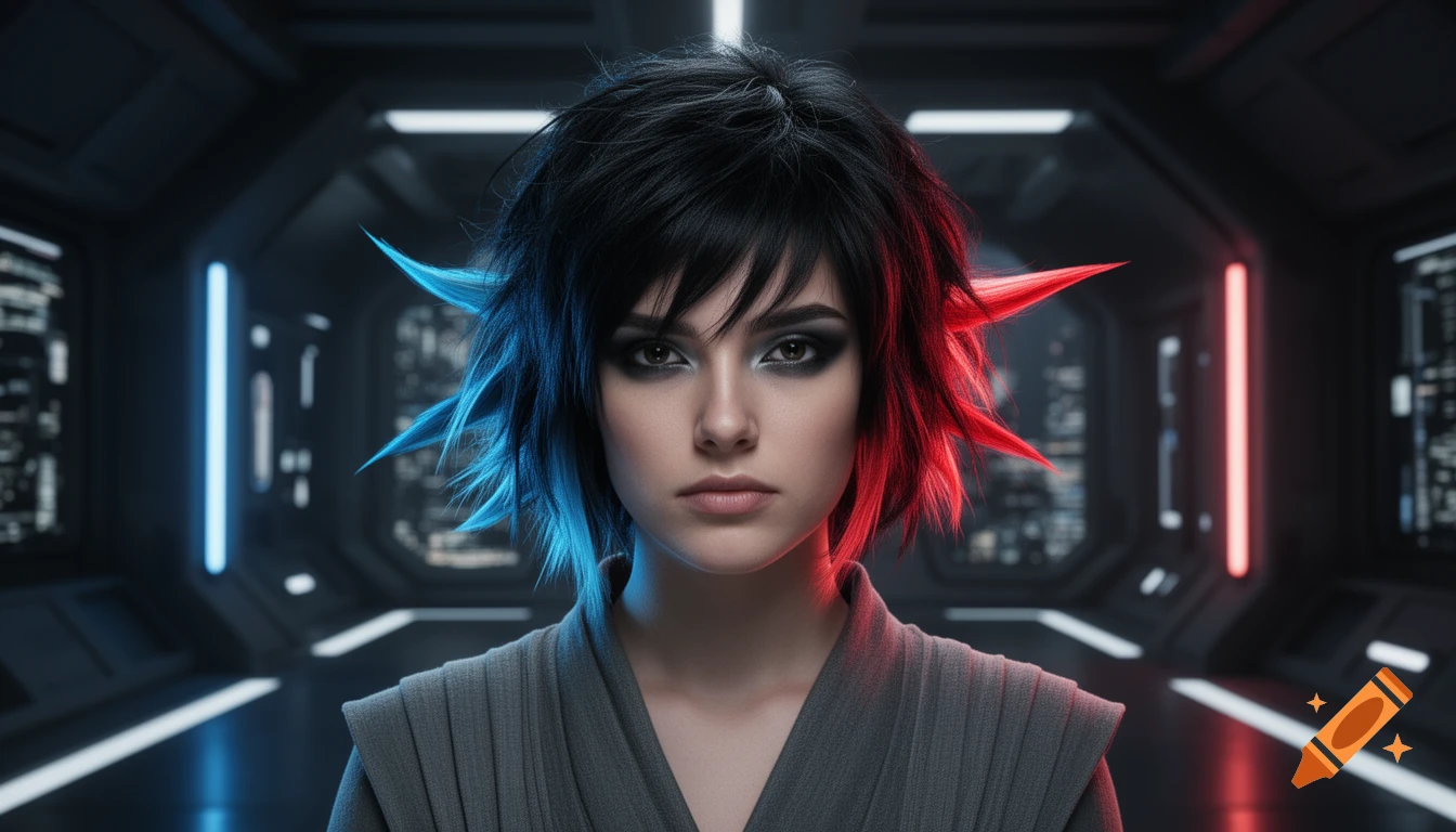 Photorealistic portrait of a young woman with shaggy black, blue, and red hair, smoky eyes, and a determined expression in a dark sci-fi corridor.