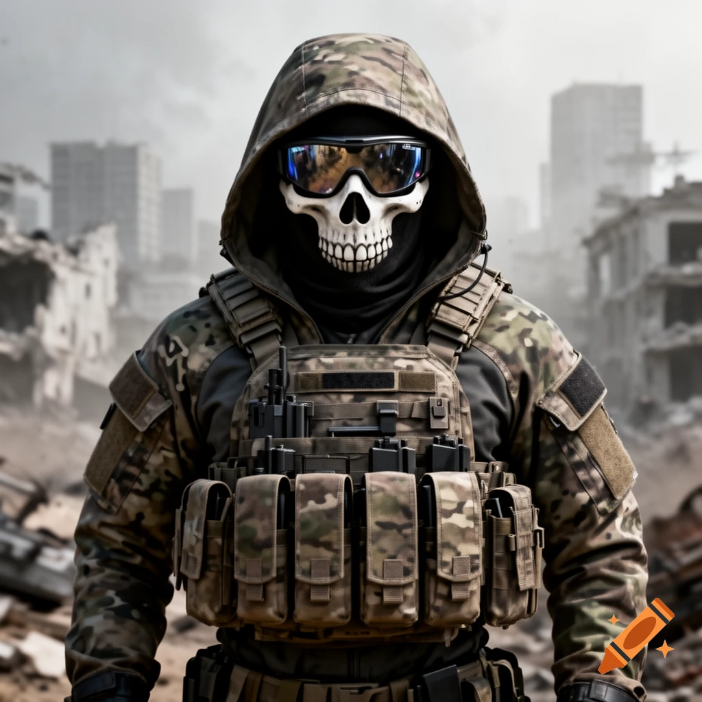 A soldier in camouflage with a skull mask and tactical gear stands in a war-torn city under a cloudy sky.