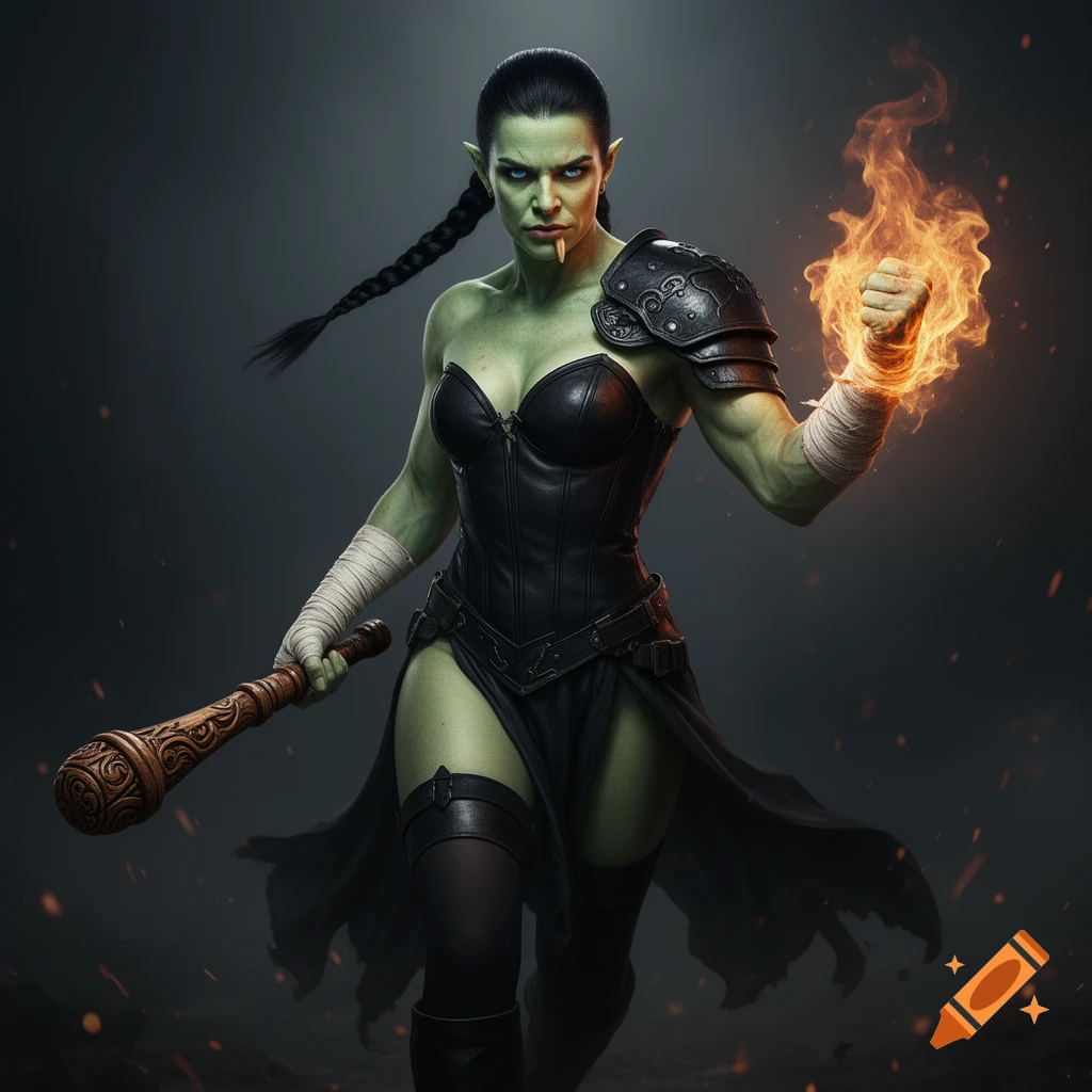 Muscular, pale-green-skinned female half-orc with a braid, blue eyes, and tusk. She wears black leather, holds a club, and wields a fiery spell.