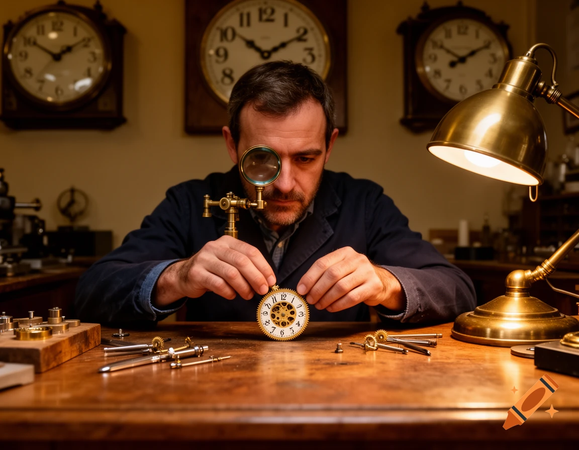 A watchmaker intently examining a small clock gear through an eyepiece, surrounded by tools and clocks in a workshop, photorealistic.