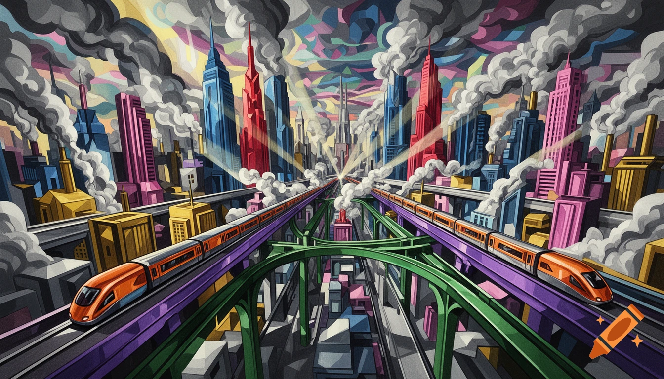 A vibrant Cubist illustration of a futuristic city with colorful high-rises, elevated monorails, and smoke billowing from chimneys.
