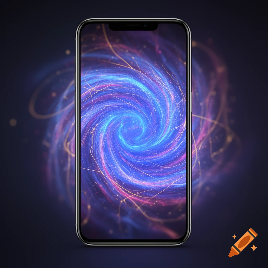 A sleek smartphone displaying a vibrant, glowing blue and pink abstract swirl against a dark background.