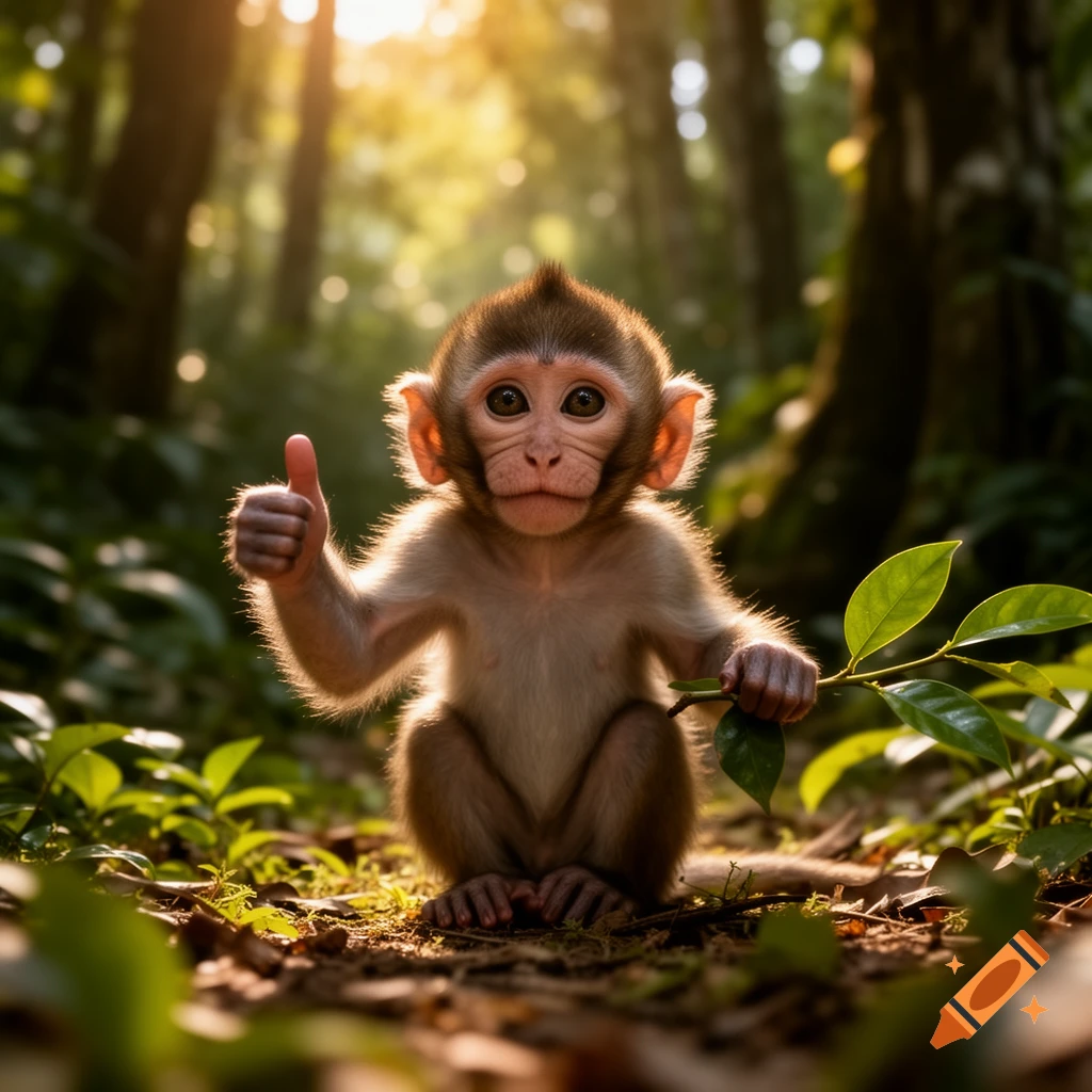 Photorealistic image of a cute baby monkey giving a thumbs up, sitting on a jungle floor bathed in sunlight.