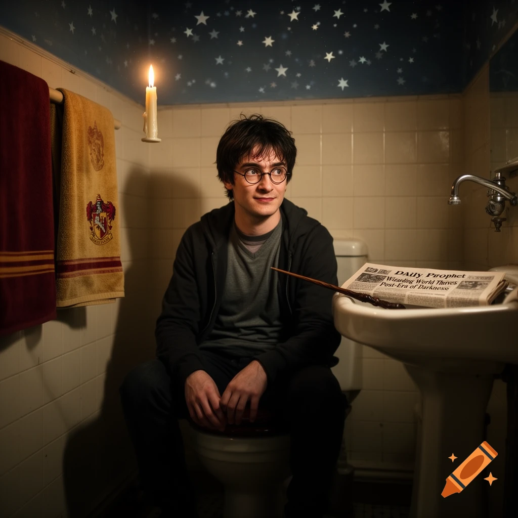 Harry Potter sits on a toilet in a dimly lit bathroom with a floating candle and newspaper on the sink.
